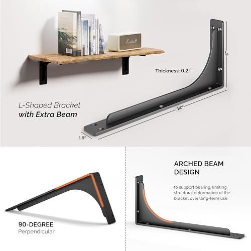 BATODA 14” Shelf Brackets with Beam (4pcs) - L Shelf Brackets Black - Hook Brackets for Floating Shelves - Wall Mounted Support for DIY Open Shelving – Mounting Hardware Included (Pack 4) (4, 14 Inch) - Image 2