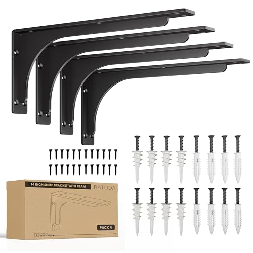 BATODA 14” Shelf Brackets with Beam (4pcs) - L Shelf Brackets Black - Hook Brackets for Floating Shelves - Wall Mounted Support for DIY Open Shelving – Mounting Hardware Included (Pack 4) (4, 14 Inch) - Image 1