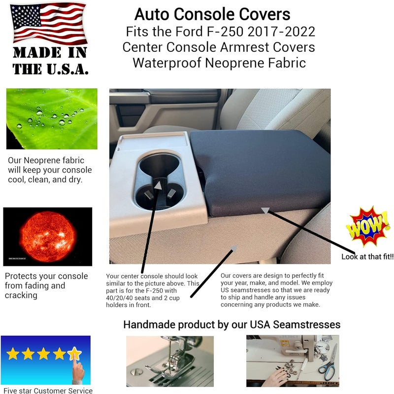 Auto Console Covers - Fits The Ford F-250 Super Duty 2017-2022 Center Console Armrest Lid Cover Waterproof Neoprene Fabric -Tan - Image 1