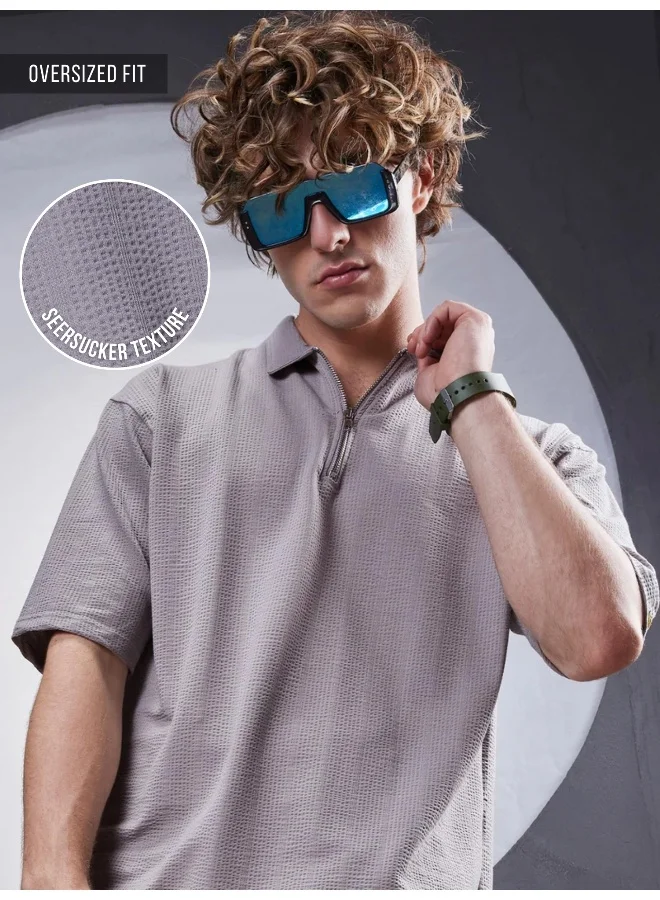 مانياك Maniac Mens Textured Polo Neck 3/4th Sleeve Grey SeerSucker Fabric T-Shirt