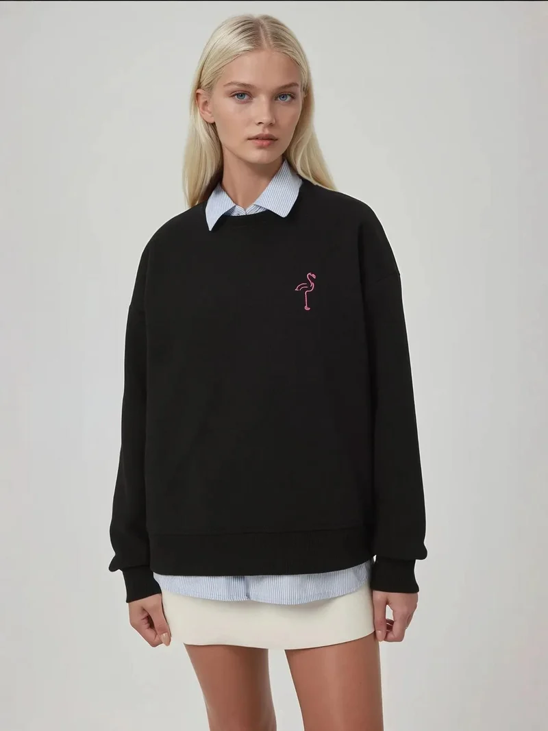 HICCUP Comfort Animal Pattern Embroidered Raised Crew Neck Sweatshirt