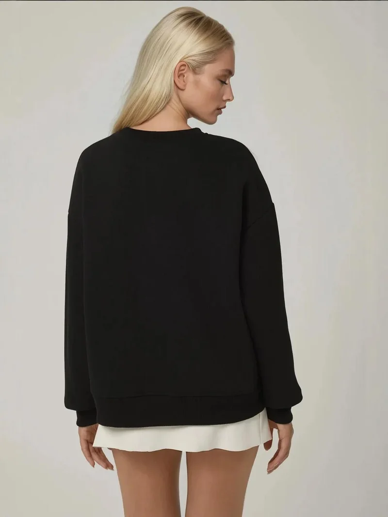 Hiccup Black Comfort Animal Pattern Embroidered Raised Crew Neck Sweatshirt for Women | Best Price UAE