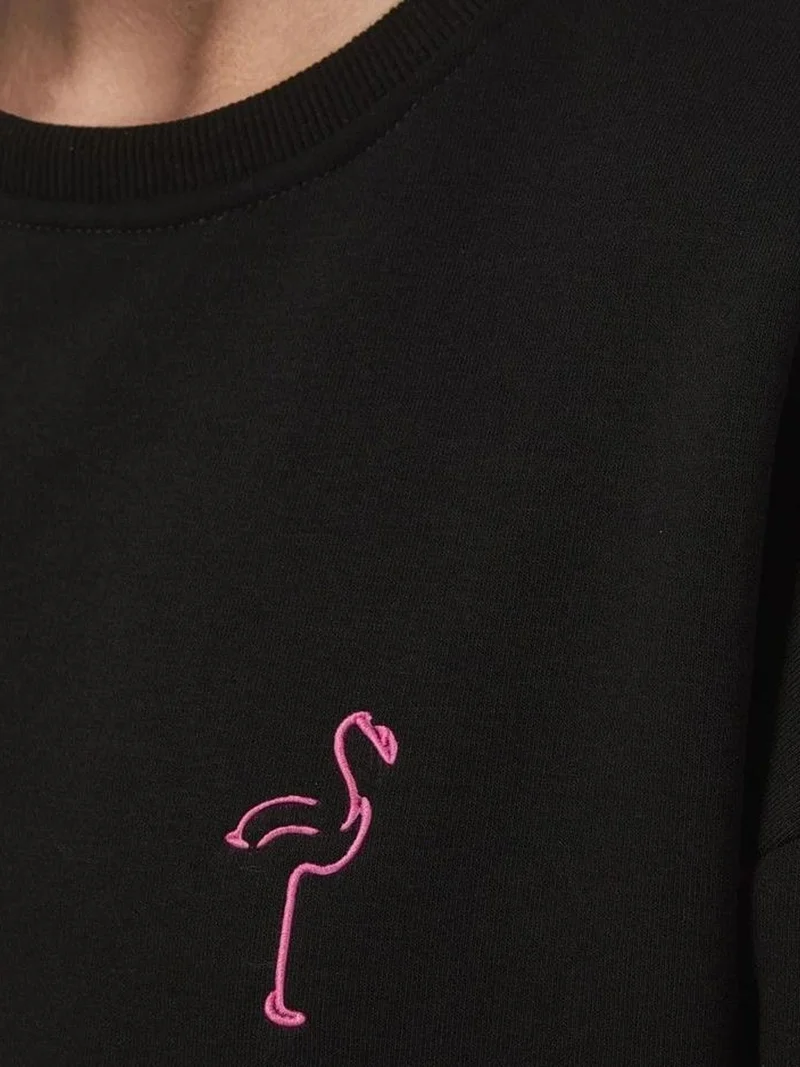 Hiccup Black Comfort Animal Pattern Embroidered Raised Crew Neck Sweatshirt for Women | Best Price UAE