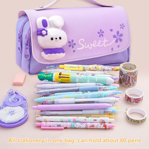 MCWTH Pencil Case for Girls, Kids Large Capacity Cute Pencil Box with Compartments School Organizer Pen Pouch (Sakura Purple) - Image 4