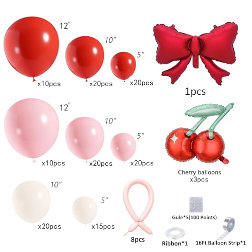 AobkDeco 151PCS Cherry Balloon Garland Arch Kit with Red Light Pink Lvory White Pink Long Balloons For Birthday She is Cherry on Top Baby Shower Wedding Party Decorations - Image 5