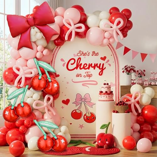 AobkDeco 151PCS Cherry Balloon Garland Arch Kit with Red Light Pink Lvory White Pink Long Balloons For Birthday She is Cherry on Top Baby Shower Wedding Party Decorations - Image 1