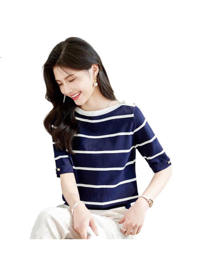 She enjoys Sheen Knitted T-Shirt Women Striped Color-Block Thin Top Casual All-Match Ladies Short Sleeve T-Shirt T141Z3852 - Image 3