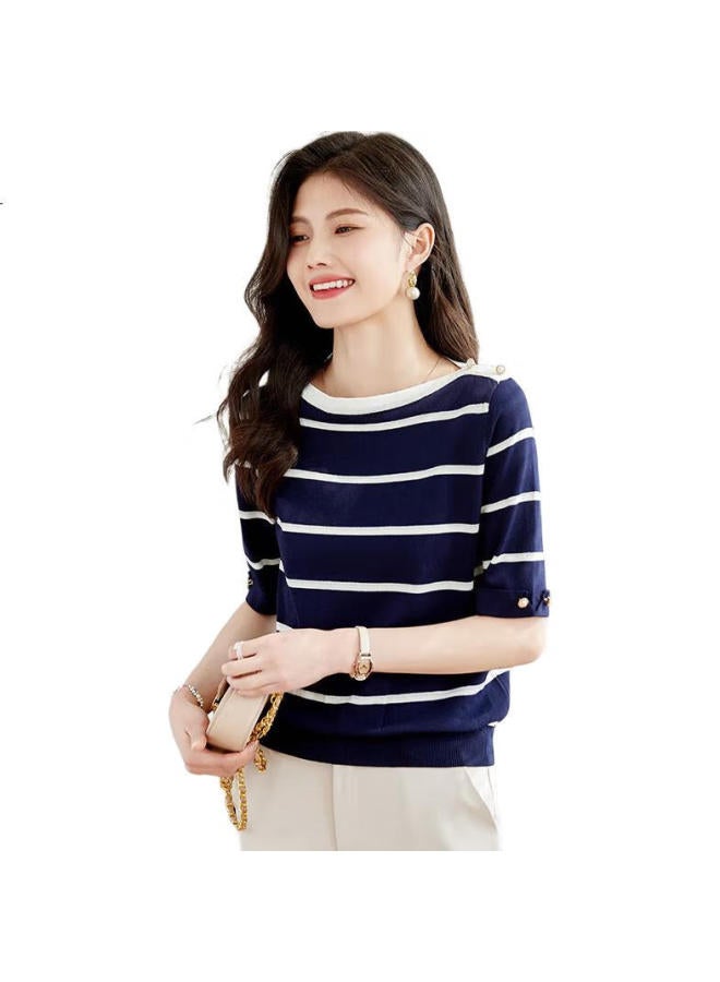 She enjoys Sheen Knitted T-Shirt Women Striped Color-Block Thin Top Casual All-Match Ladies Short Sleeve T-Shirt T141Z3852 - Image 2