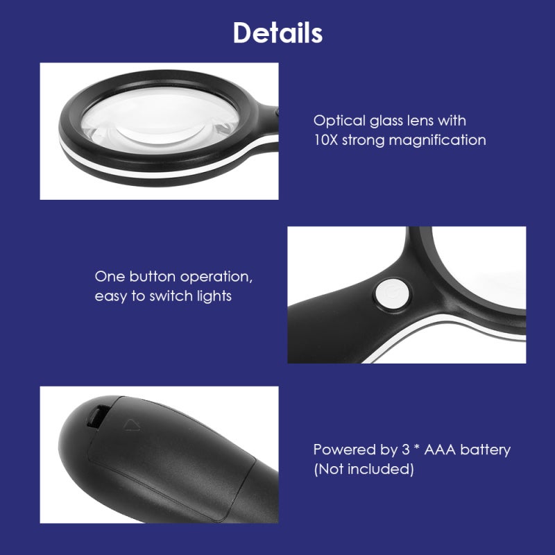 Handheld Magnifier 10X Optical Glass Lens - Large 88mm Diameter Handheld Magnifying Glass With 18 Switchable LED Lights For Low Light Reading Inspection For Elderly And Children - Image 3