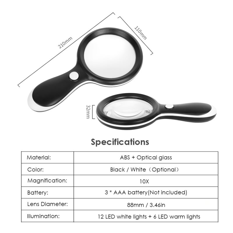 Handheld Magnifier 10X Optical Glass Lens - Large 88mm Diameter Handheld Magnifying Glass With 18 Switchable LED Lights For Low Light Reading Inspection For Elderly And Children - Image 4