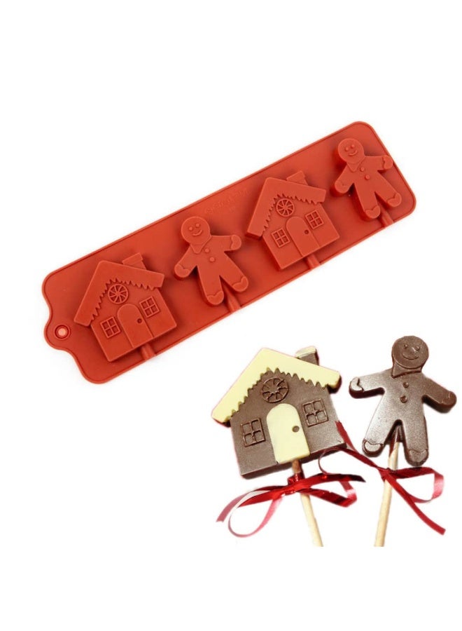 Skytail 4 Slot Gingerbread Man Chocolate Mould Gingerbread Man House Fondant Cake Decorating Cupcakes Decoration Topper Decorating Christmas Theme Fondant ice Cube sugarcraft Resin - Image 1
