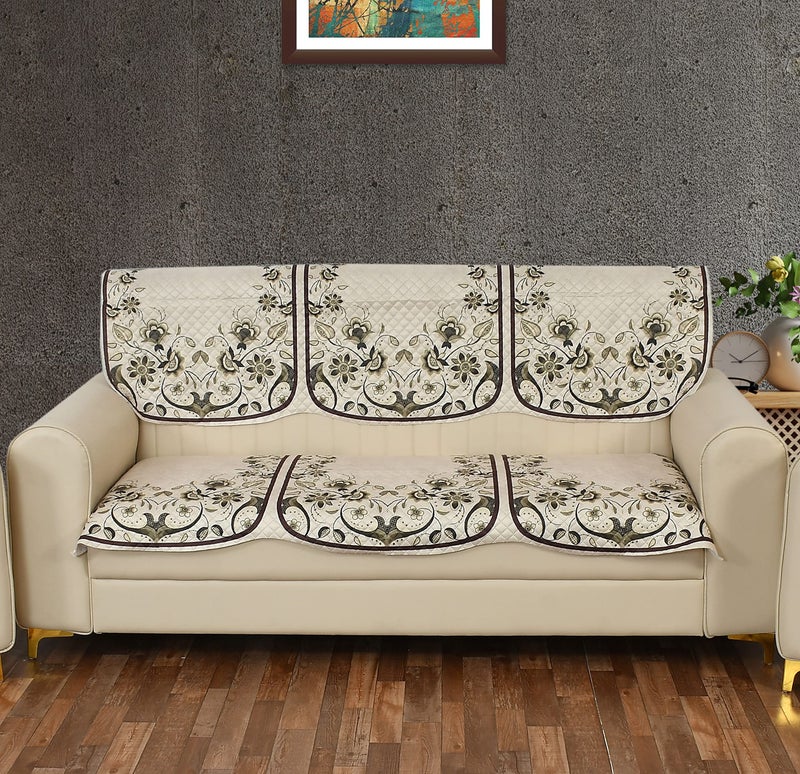 Yellow Weaves Velvet 3 Seater Quilted Sofa Cover, Floral Design, Seat & Back Cover, Color - Ivory - Image 1