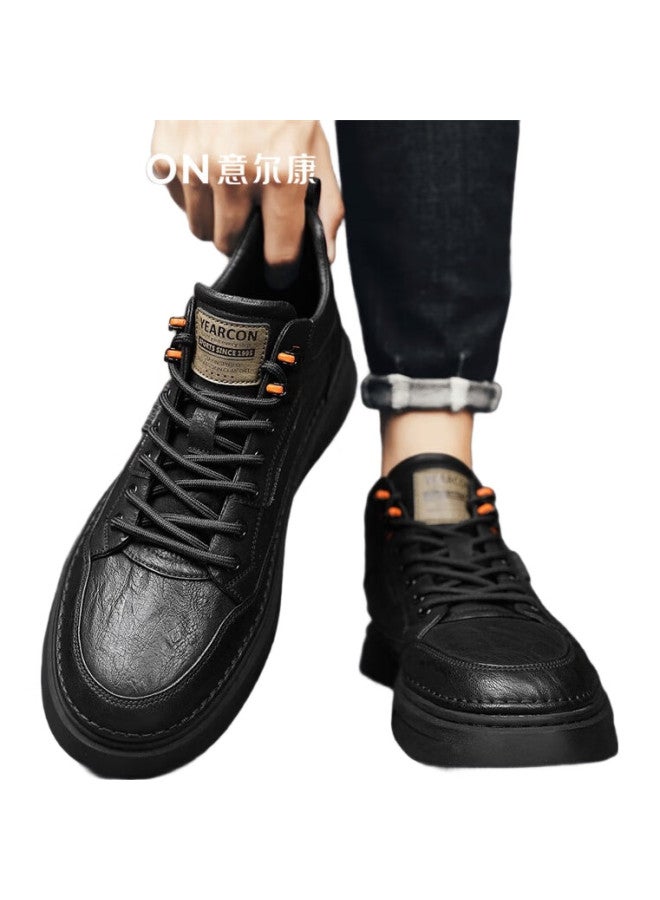 YEARCON Men'S Casual Leather Shoes, British Style Versatile Sneakers, High-Top Lightweight Lace-Up Shoes For Men, E53304346, Black, Size 42 - Image 3