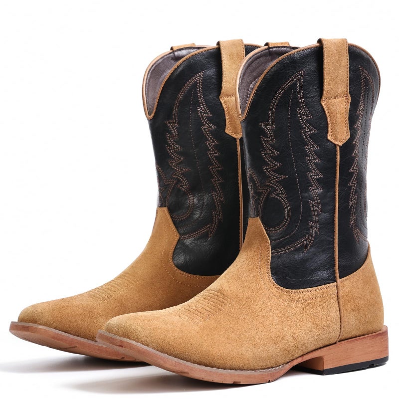 IUV Cowboy Boots for Men Suede Square Toe Western Boots Pull On Durable Classic Embroidered Boot - Image 1
