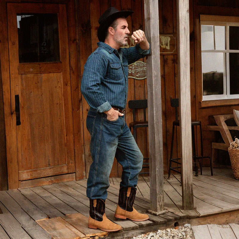 IUV Cowboy Boots for Men Suede Square Toe Western Boots Pull On Durable Classic Embroidered Boot - Image 3