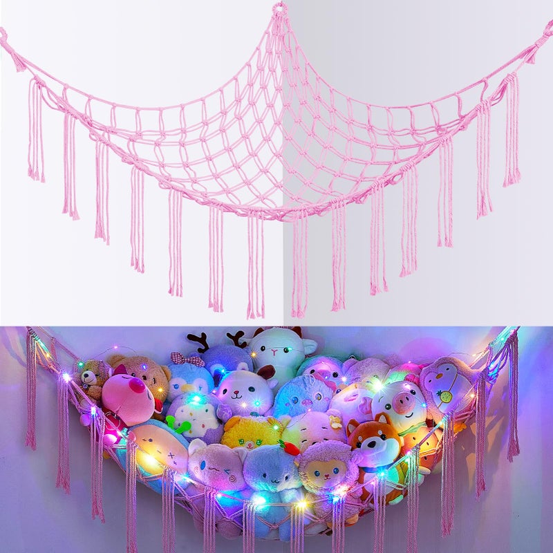 Basumee Stuffed Animals Net or Hammock with LED Light Hanging Stuffed Animals Storage Toy Hammock Net Corner Wall Girls Room Decor Toy Storage Organizer Pink L - Image 2