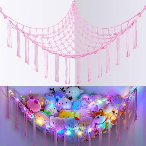 Basumee Stuffed Animals Net or Hammock with LED Light Hanging Stuffed Animals Storage Toy Hammock Net Corner Wall Girls Room Decor Toy Storage Organizer Pink L - Image 1