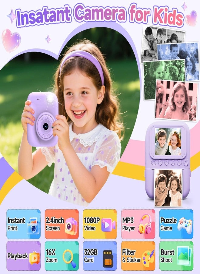 MINIBEAR Kids Camera Instant Print Camera for Kids, Toddler Camera Toys for 3 4 5 6 7 8 Year Old Girls Boys Christmas Birthday Gifts, Kids Digital Camera Instant Print Color Photos 5 Rolls Paper 32GB,Purple - Image 2