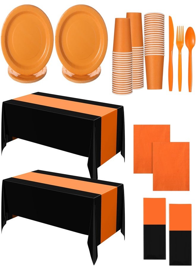 Oudain 162 Pcs Orange and Black Party Supplies Dinnerware Set Disposable Plates Tablecloth Cups Spoons Forks Knives Napkins Serve 20 Guests for Party - Image 1