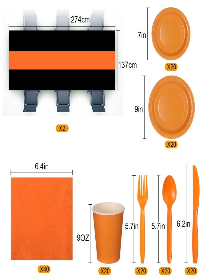 Oudain 162 Pcs Orange and Black Party Supplies Dinnerware Set Disposable Plates Tablecloth Cups Spoons Forks Knives Napkins Serve 20 Guests for Party - Image 2