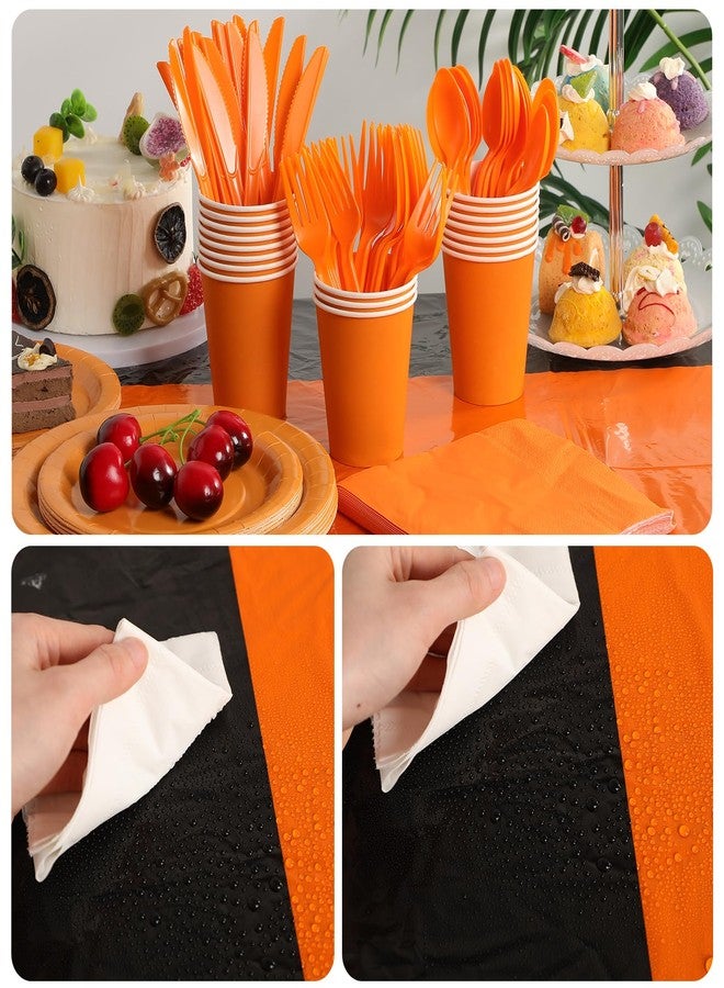 Oudain 162 Pcs Orange and Black Party Supplies Dinnerware Set Disposable Plates Tablecloth Cups Spoons Forks Knives Napkins Serve 20 Guests for Party - Image 5