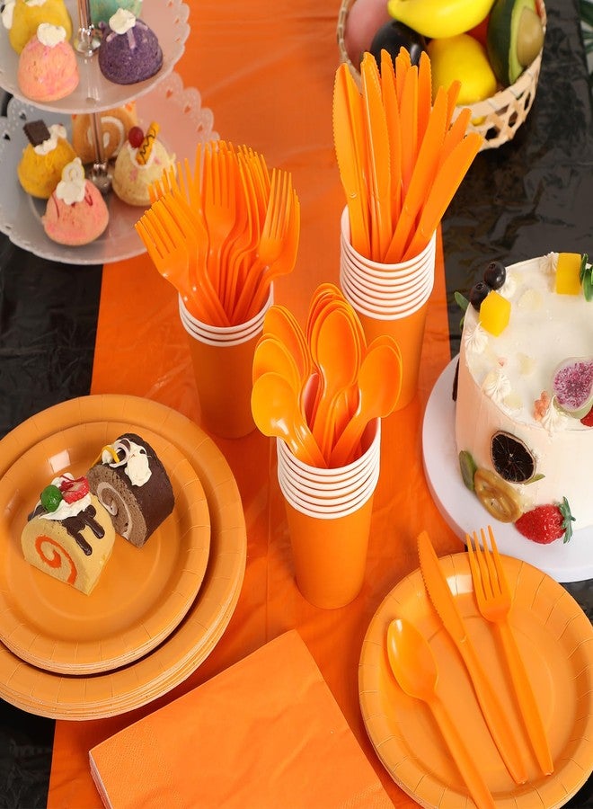 Oudain 162 Pcs Orange and Black Party Supplies Dinnerware Set Disposable Plates Tablecloth Cups Spoons Forks Knives Napkins Serve 20 Guests for Party - Image 3