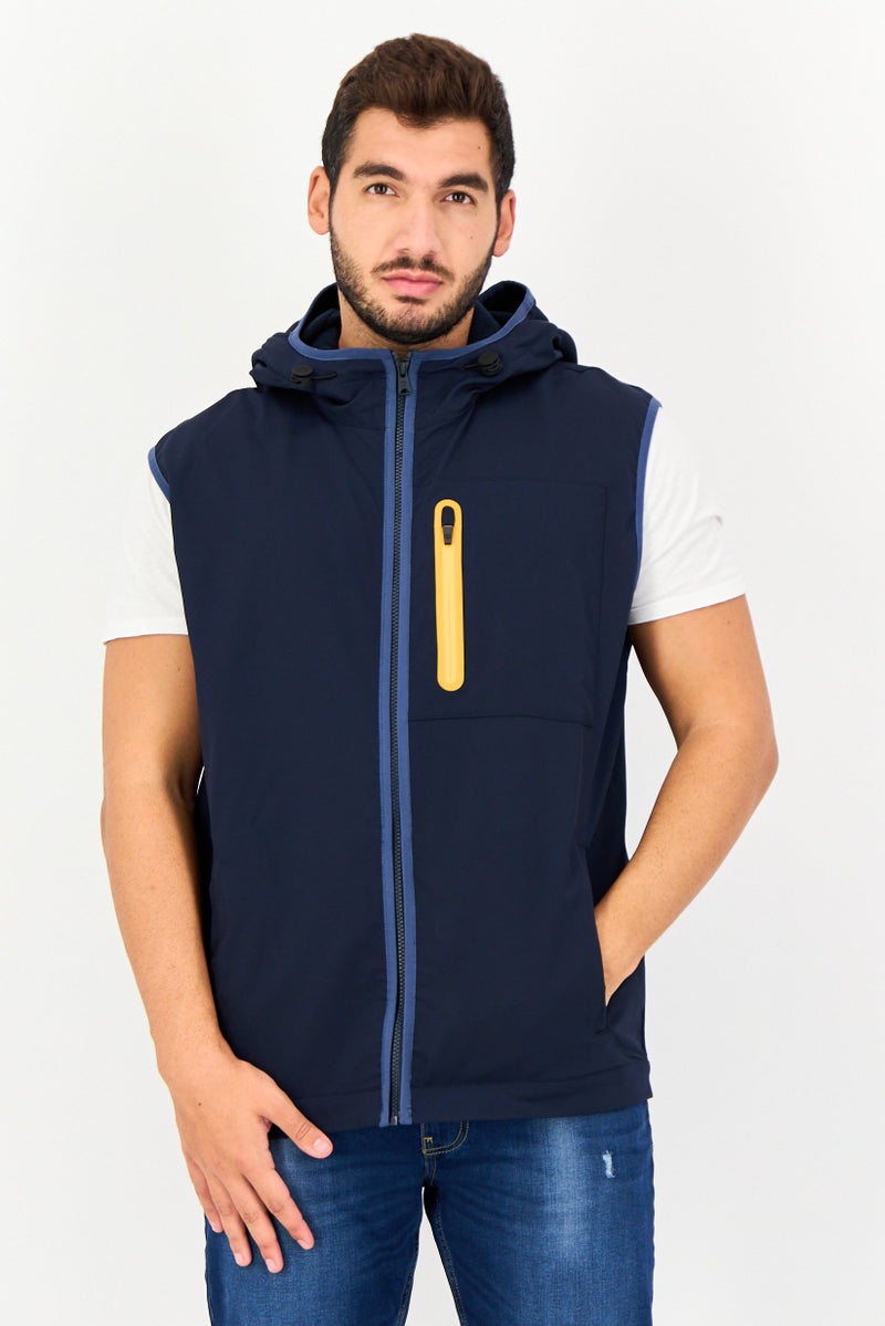 Timberland Men Hooded Solid Sleeveless Vest Jacket , Navy - Image 1