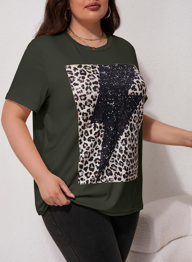 Take Two Plus Size Dark Green Lightning Leopard Print T-Shirt - Image 4
