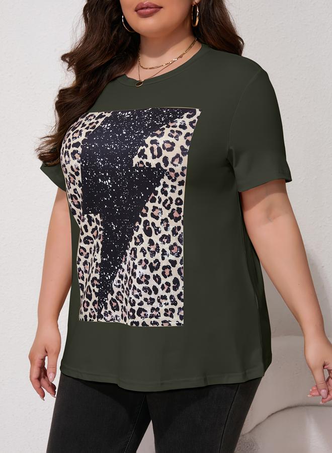 Take Two Plus Size Dark Green Lightning Leopard Print T-Shirt - Image 3