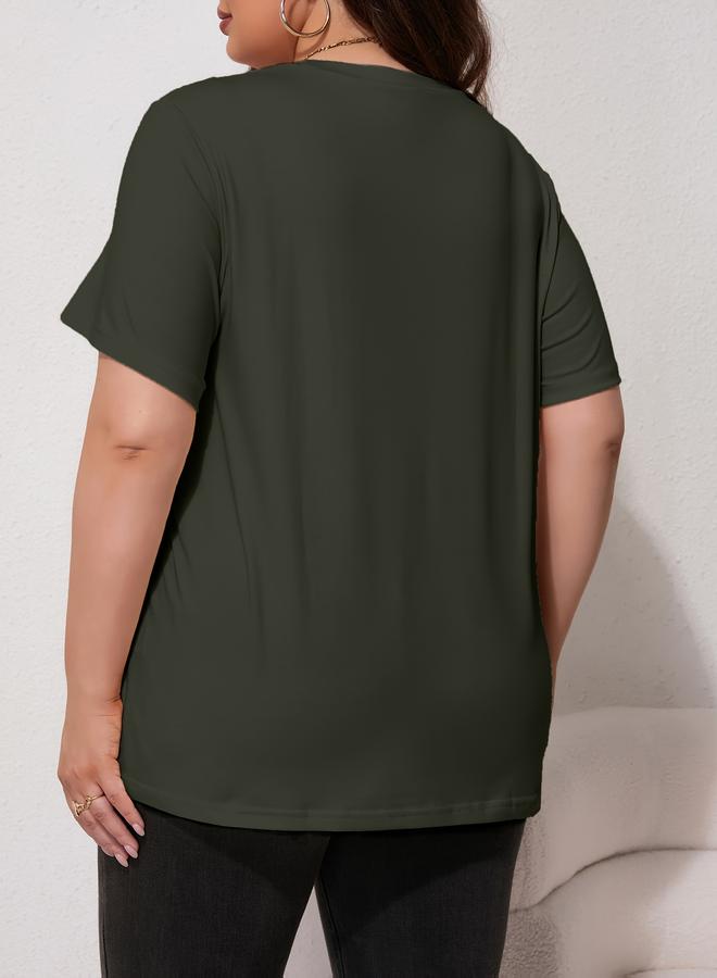 Take Two Plus Size Dark Green Lightning Leopard Print T-Shirt - Image 2