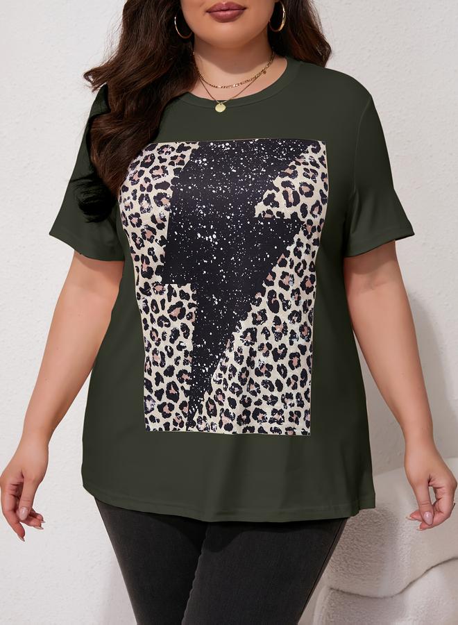 Take Two Plus Size Dark Green Lightning Leopard Print T-Shirt - Image 5
