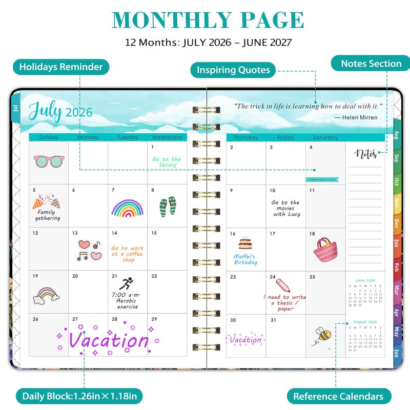 Indeme Planner 2026-2027 - Academic Planner 2026-2027, JULY 2026 - JUNE 2027, 6.3" x 8.4", Weekly and Monthly Planner with Color-Coated Tabs, Planners, College School Supplies for Student Teacher Home, Hardcover, Inner Pocket, Romantic Starry Garden Style - Image 3