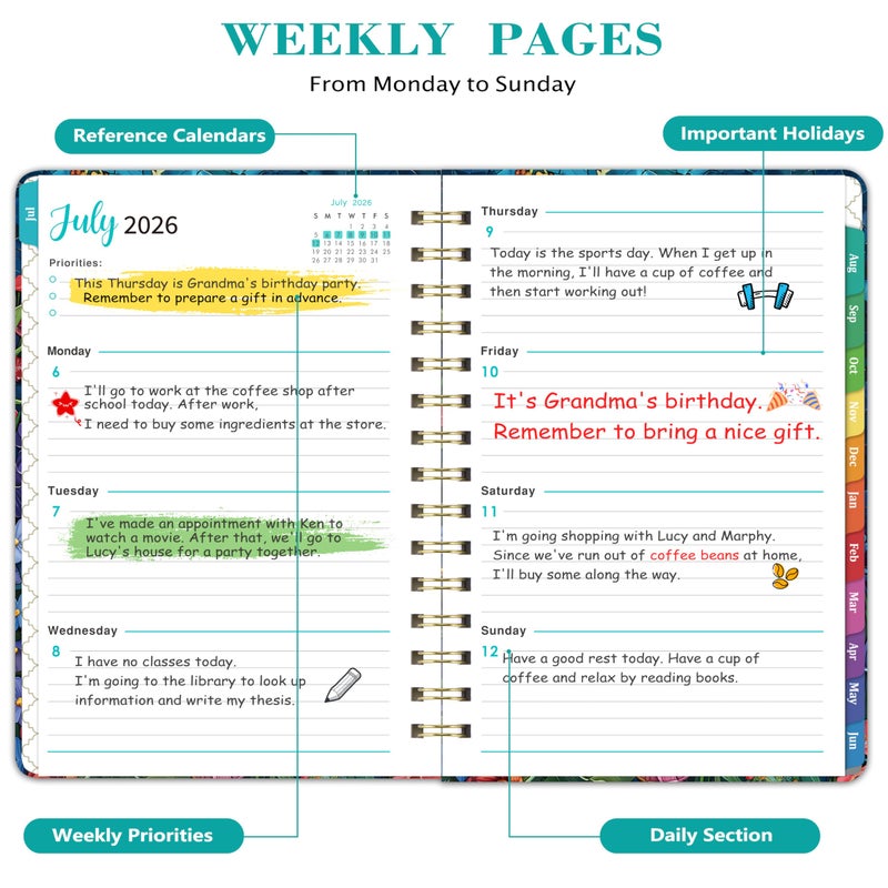 Indeme Planner 2026-2027 - Academic Planner 2026-2027, JULY 2026 - JUNE 2027, 6.3" x 8.4", Weekly and Monthly Planner with Color-Coated Tabs, Planners, College School Supplies for Student Teacher Home, Hardcover, Inner Pocket, Romantic Starry Garden Style - Image 4