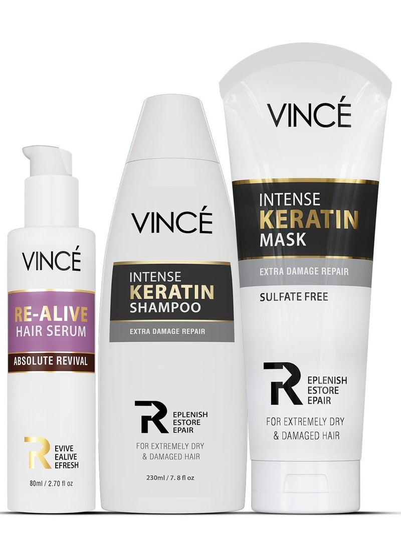 فينس علاج إصلاح تلف الشعر - شامبو الكيراتين 230 مل + قناع الكيراتين 200 مل + مصل الشعر 80 مل - يصلح الشعر الجاف والتالف، ويتحكم في تساقط الشعر، ويقلل من التجعد، وينعم الشعر ويرطبه بعمق