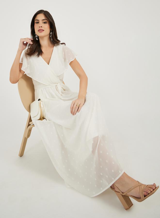 Styli Styli Dobby Frill Sleeves A-Line Maxi Dress with Waist Tie Detail  - Image 1