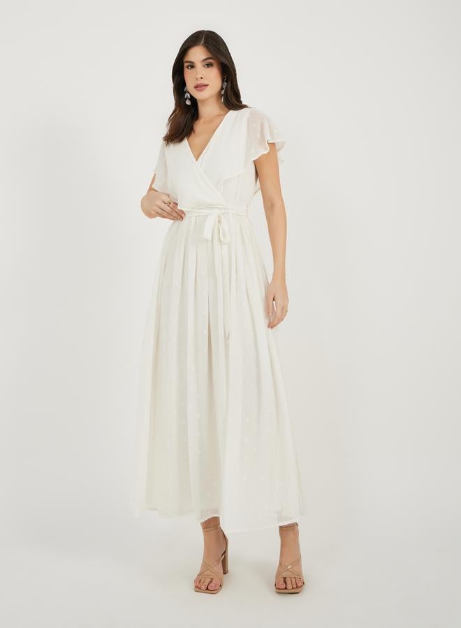 Styli Styli Dobby Frill Sleeves A-Line Maxi Dress with Waist Tie Detail  - Image 2