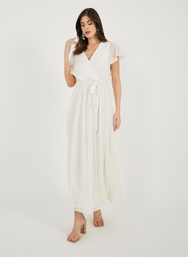 Styli Styli Dobby Frill Sleeves A-Line Maxi Dress with Waist Tie Detail  - Image 3