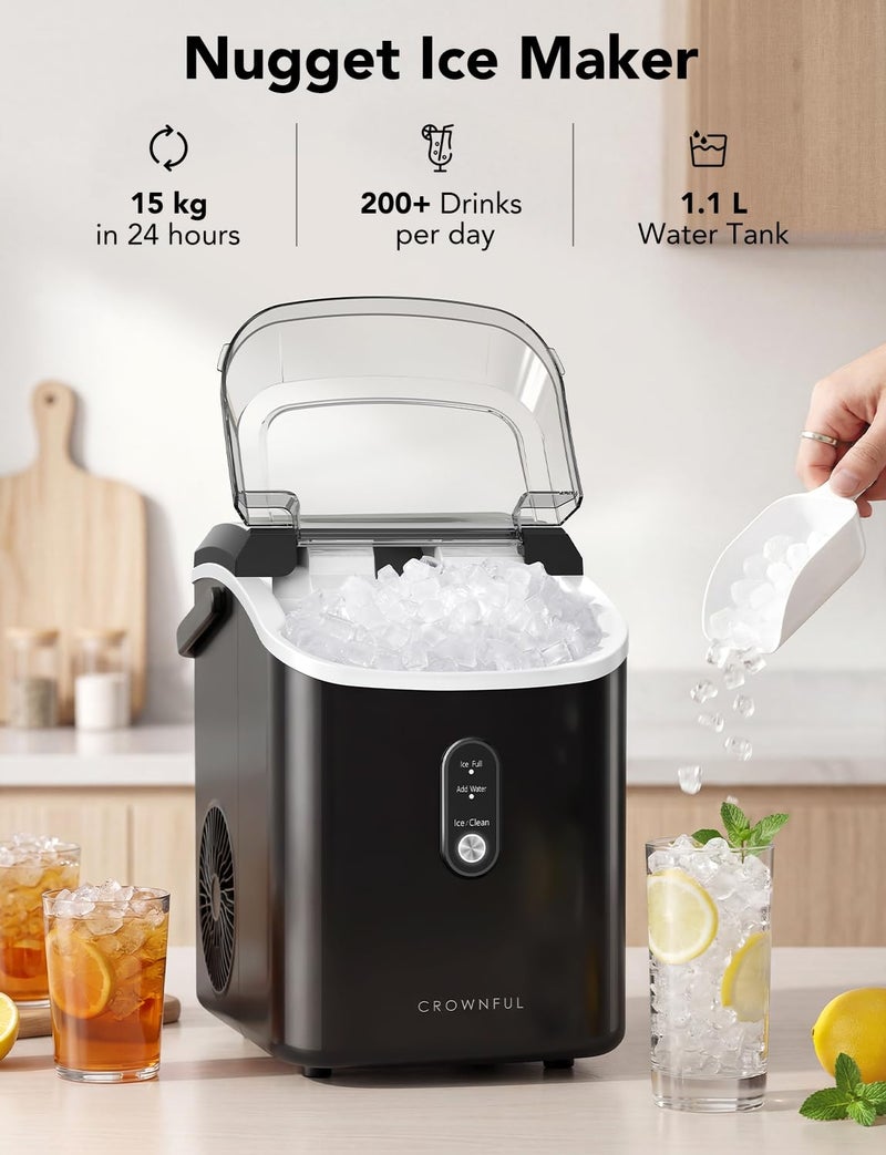 Crownful Nugget Ice Maker Countertop, Portable Pebble Ice Maker Machine, 15kg/24H Soft Chewable Ice, First Ice in 8 Mins, 1.1L Water Tank, Self-Cleaning, Quiet Operation for Home Kitchen Office Drinks - Image 2