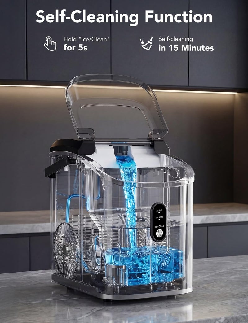 Crownful Nugget Ice Maker Countertop, Portable Pebble Ice Maker Machine, 15kg/24H Soft Chewable Ice, First Ice in 8 Mins, 1.1L Water Tank, Self-Cleaning, Quiet Operation for Home Kitchen Office Drinks - Image 5