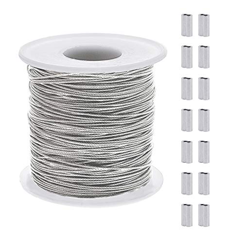 AHANDMAKER 304 Stainless Steel Wire Cable, 393 Ft Length 1/32 Wire Rope with 50 Pcs Rectangle Aluminum Crimping Sleeves for Party Decro String, Clothesline, Easy to Hang - Image 1