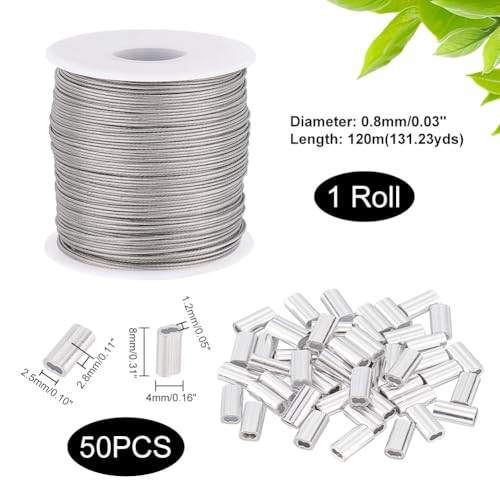 AHANDMAKER 304 Stainless Steel Wire Cable, 393 Ft Length 1/32 Wire Rope with 50 Pcs Rectangle Aluminum Crimping Sleeves for Party Decro String, Clothesline, Easy to Hang - Image 2