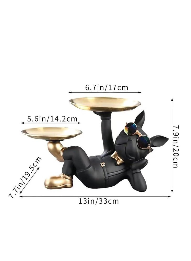 GUDOO تمثال كلب بولدوج فرنسي من الراتنج مع نظارات وصينية معدنية مزدوجة، منظم مفاتيح ومحفظة وإكسسوارات، ديكور منزلي أنيق وهدية مميزة - Image 4