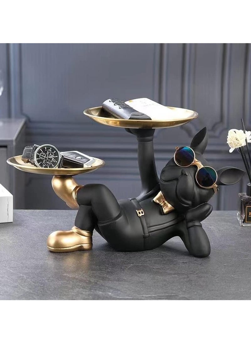 GUDOO تمثال كلب بولدوج فرنسي من الراتنج مع نظارات وصينية معدنية مزدوجة، منظم مفاتيح ومحفظة وإكسسوارات، ديكور منزلي أنيق وهدية مميزة - Image 3