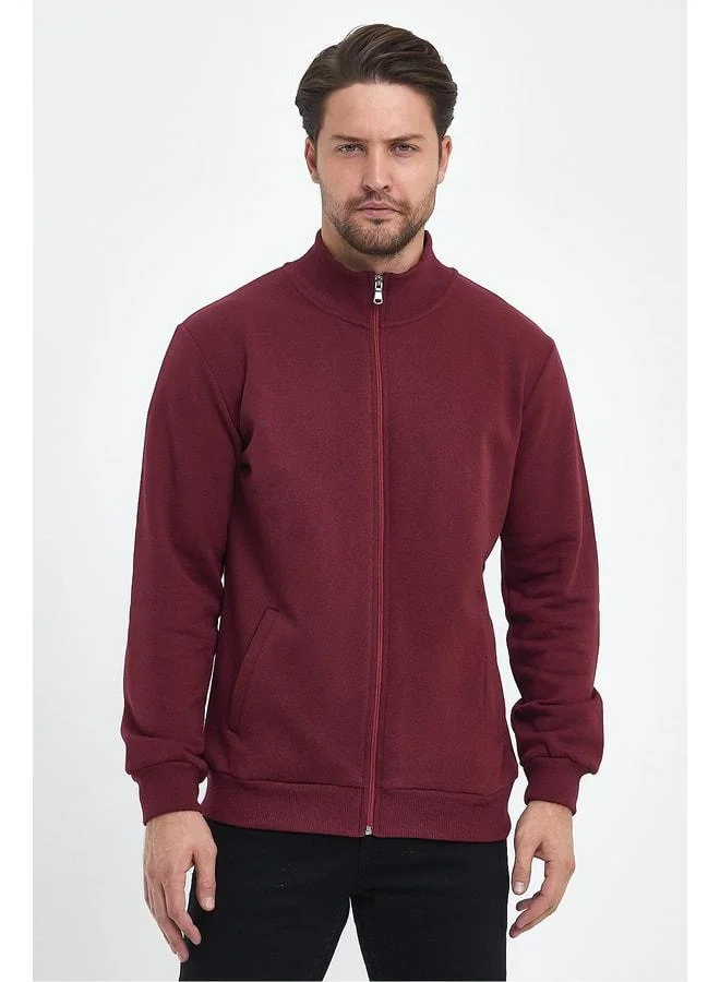 Men's Burgundy Cardigan with Cotton-Lined Interior, Zipper Closure, Stand-Up Collar, and Side Pockets.