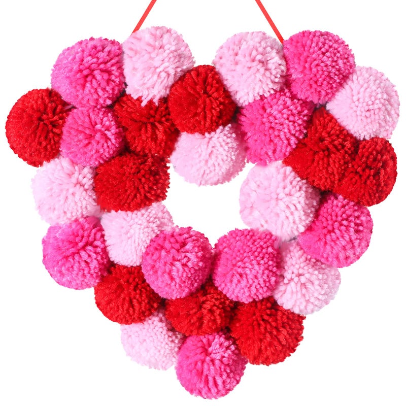 Tatuo Heart Wreath Felt Pom Pom Balls 118 Inch Heart Decorations Colorful Felt Ball Wreath for Front Door Indoor Outdoor Walls and WindowsHeart Style