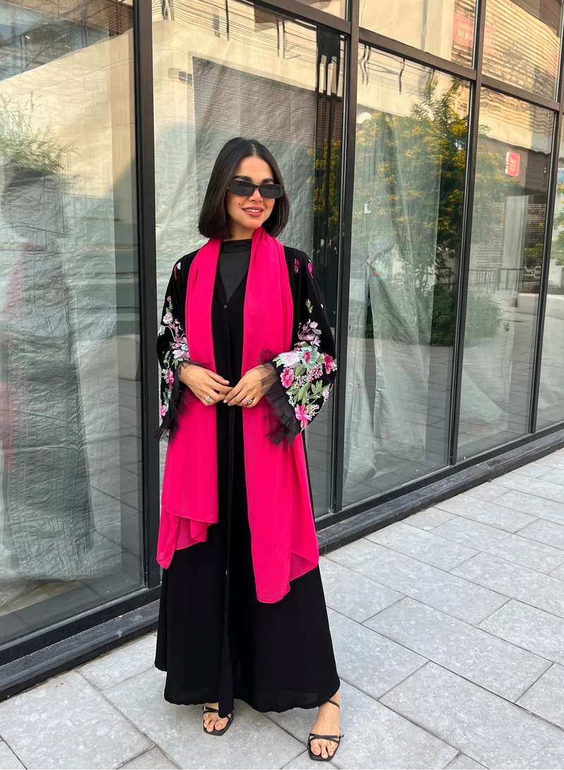 Lusin Abaya Black Royal Crepe Abaya with Pink Floral Embroidery