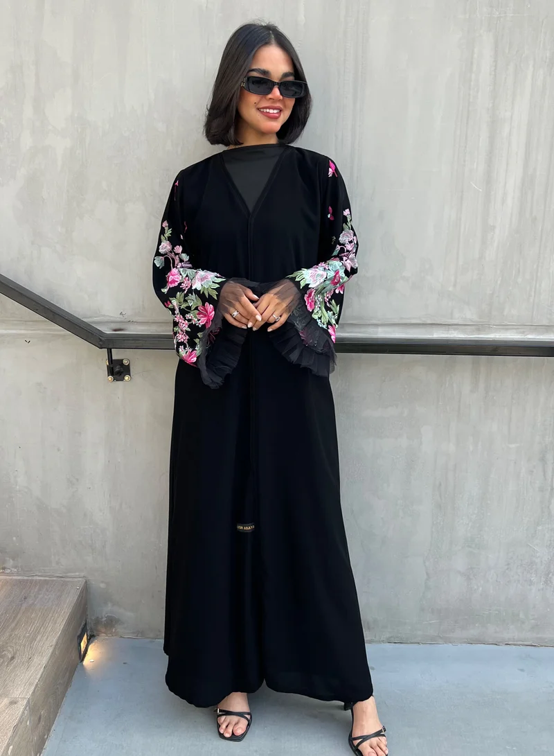 Lusin Abaya Black Royal Crepe Abaya with Pink Floral Embroidery