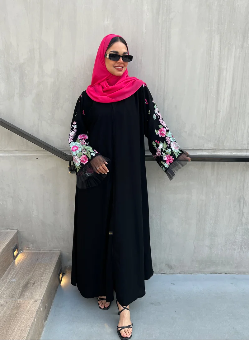 Lusin Abaya Black Royal Crepe Abaya with Pink Floral Embroidery