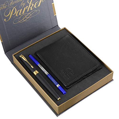 Parker Aster Matte Black Roller Ball Pen with Wallet (Gold Trim) - Image 1