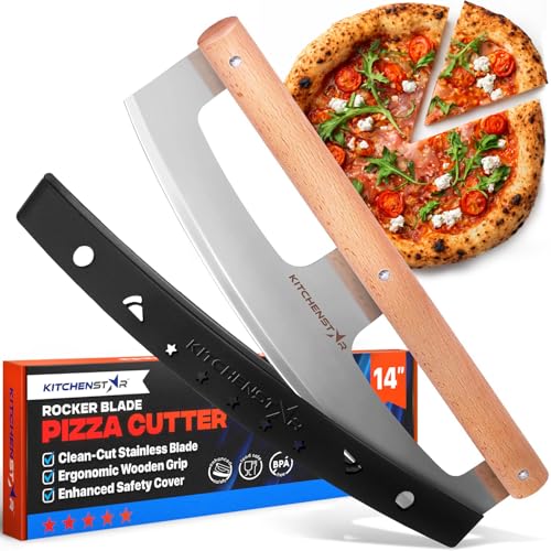kitchen-star KitchenStar 14-Inch Pizza Cutter Rocker Blade - Razor Sharp Stainless Steel Slicer Knife, Stylish Beech Wood Handle, Protective Cover - Professional Pizza Oven Accessories, Silver - Image 1